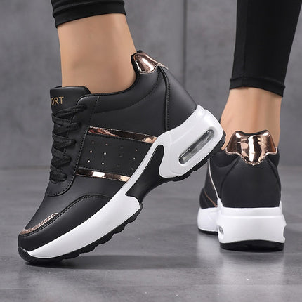 Women's Height-Increasing Sneakers 2025 Autumn and Winter New Leather Thick-Soled Small Black Shoes Large Size Color Matching Bright Strips Export Shoes