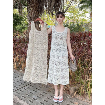 Green Lace Hollow-out Knitted Sleeveless Vesset Dress Women's Striped Cardigan dress Outer Layover Blouse Mid-length