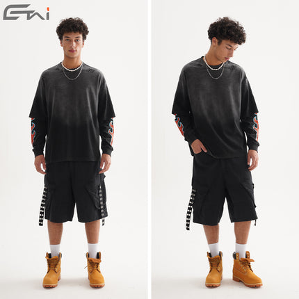 Spring and Autumn Men's Fake Two-Piece Pattern Printed Long-Sleeved Washed and Distressed Fashion Retro American Casual Heavy Top Inner Wear
