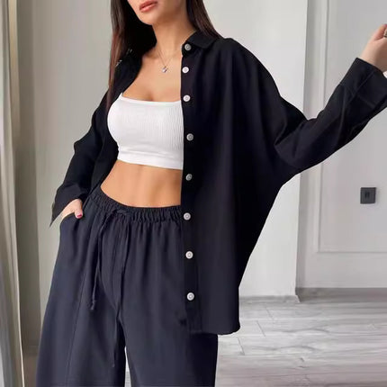 European and American Cross-Border 2025 Spring New Casual Suit Pure Color Lapel Long-Sleeved Shirt Top Harem Pants Two-Piece Set