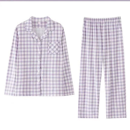 Long-Sleeved Cotton Japanese Pajamas Women's Suit Cotton Plaid Couple Long-Sleeved Home Clothes Men's Summer Thin Suit