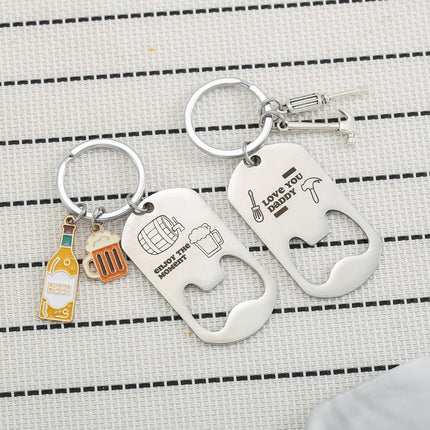 Cross-border Stainless Steel Engraving Metal Keychain Bottle Opener Wine Glass Wine Bottle Birthday Christmas Father's Day Gift