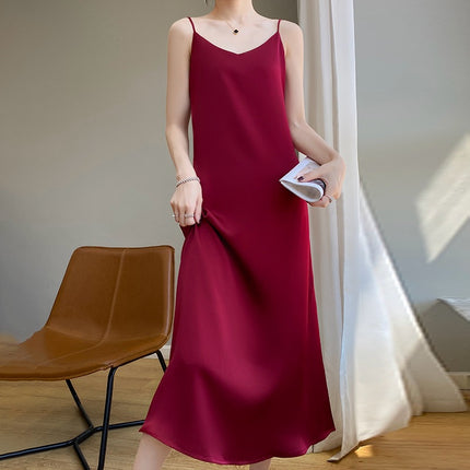 Simulated Silk Satin Suspender Dress for Women in Spring and Summer with Suit Acetate French Mid-length Design Niche Trend