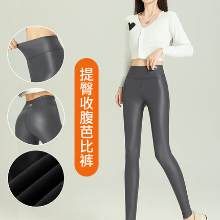 Cross-Border Large Size Baby Pu Leather Pants High Waist Slim Fit Leggings Thin Velvet Outer Leggings Thickeneded Warm Pants