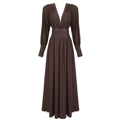 In Stock | European and American Foreign Trade Spring and Autumn New Design Waist-Cinching Pleated French-Style Dress in Coffee Color with V-Neck and Long Sleeves.