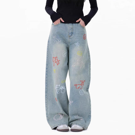 Embroidered Retro Wide-Leg Straight Fun Cartoon American Style 2025 New Jeans Pants Summer Loose Floor-Length Pants