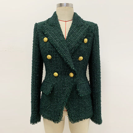 In Stock 2026 Autumn and Winter New European and American High-End Fabric Fringed Tweed Slim-Fit Blazer Dark Green
