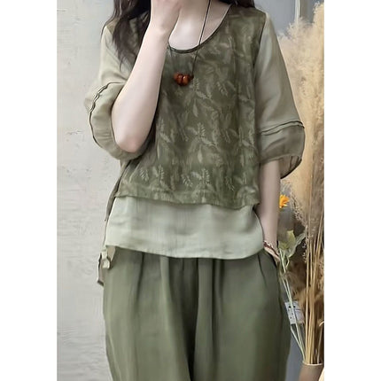 Trendy Summer New Women's Cotton and Linen Set: V-Neck Top to Cover Belly and Slimming Harem Pants Two-Piece Set