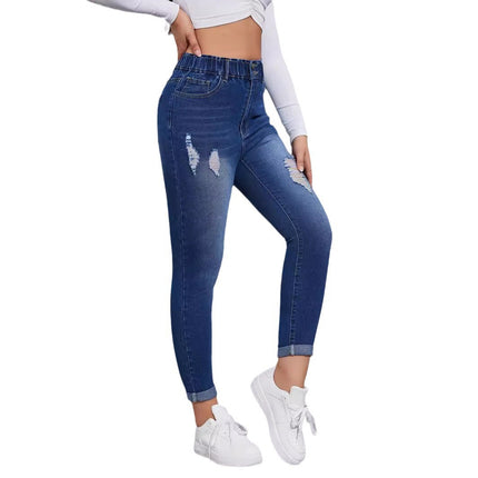 European and American Spring and Summer New Jeans High Elastic Washed High Waist Ripped Scrub Casual Pants Cross-border Jeans for Women