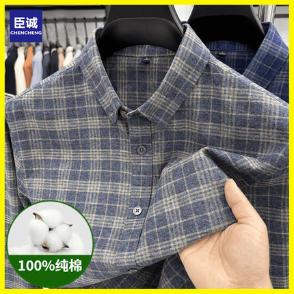 Men's Pure Cotton Brushed Plaid Shirt, Long-Sleeved, Thickened, Casual, Middle-Aged Dad's Shirt, Factory Wholesale