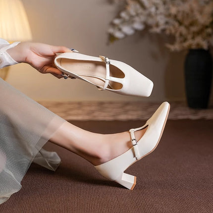 Spring and Summer New Retro Mid-high Heel Bride Wedding Shoes wine red Soft Leather Square Toe Shallow Thick Heel Mary Jane Single-layer Shoes for Women