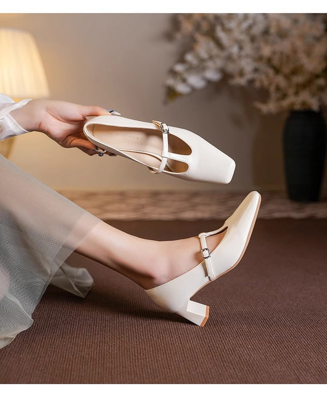 Spring and Summer New Retro Mid-high Heel Bride Wedding Shoes wine red Soft Leather Square Toe Shallow Thick Heel Mary Jane Single-layer Shoes for Women
