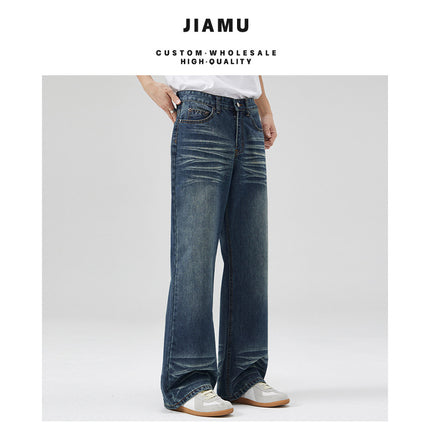Jiamu American High Street Retro Baggy Jeans Unisex Water Ripple Pleated Jeans for Men and Women Straight Leg Slightly Flared