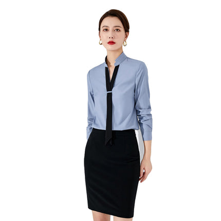 Spring and Autumn fashion long-sleeved shirt V-neck color matching shirt elegant goddess style front desk work clothes suit skirt sales women's suit