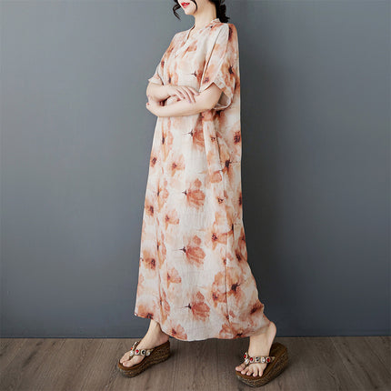 25 Summer New Artistic Fashion Comfortable Printed V-neck plus size Women's Long Temperament Short-sleeved Foreign Trade dress