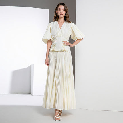 Real shot in stock new deep V-neck lace-up bubble sleeve pleated slim dress