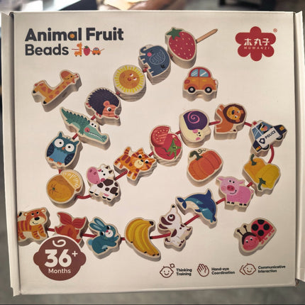 Children's wooden puzzle beaded large particle building block toy animal fruit string beaded puzzle toy 0-3