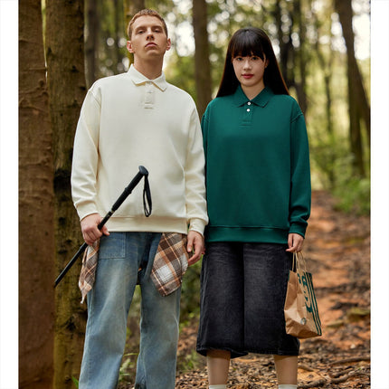 New Cross-Border 350g Cotton Polo Collar Sweatshirt for Men and Women, Couple's Sweatshirt, Autumn and Winter Loose Long-Sleeve Solid Color Top