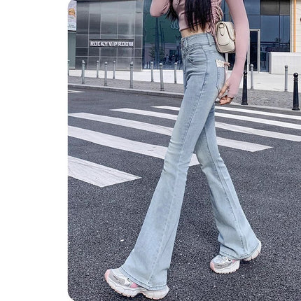 New Chinese Style National Style Slimmer Jeans Women's Trendy All-match High Waist Slim-fit Bow Lace Design Flared Pants