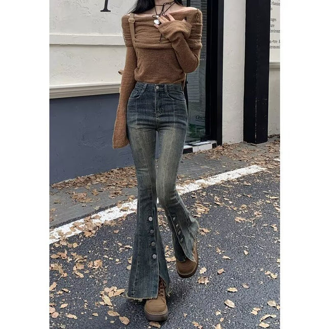 Stretch Split Micro Lar Jeans Women's Fashionable All-match New Arrival Cuff Button Design High Waist Slimming Trumpet Pants
