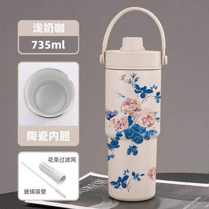Cross-border high-value 316 stainless steel thermos cup large-capacity double-drink ceramic liner car cup portable handle cup
