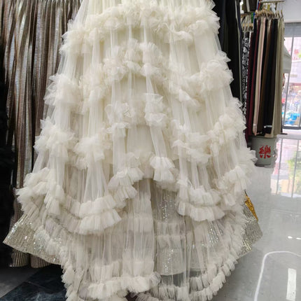 European and American French Romantic Heavy-Duty Ruffled Mesh Fluffy Skirt with Short Front and Long Back Asymmetrical Cake Skirt Fairy