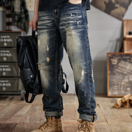 Plus-Size Men's American-Style Ripped Jeans with a Unique Personality, Oversized Loose Wide-Leg Trendy Pants for Big Guys