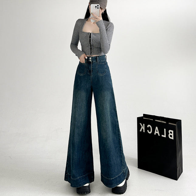 Stretch Retro Large Wide Leg Horn Jeans Women's 2024 Autumn New Loose Elegant All-match Mop Pants
