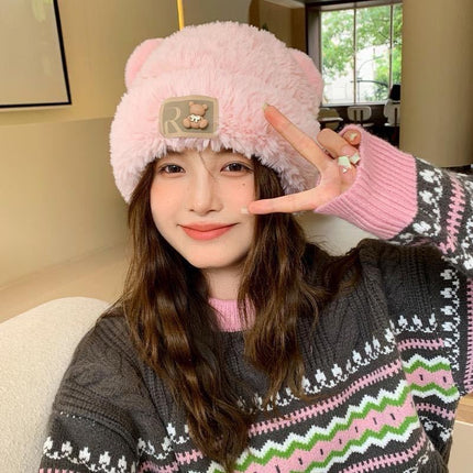 Bear plush knitted hat women's autumn and winter warm anti-fur pullover wool hat face-looking small sweet cute basin hat