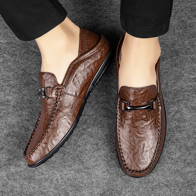 Men's Shoes 2024 Winter New Business Men's Casual Leather Shoes Fashion Soft Sole Slip-on Lazy Black Bean Shoes