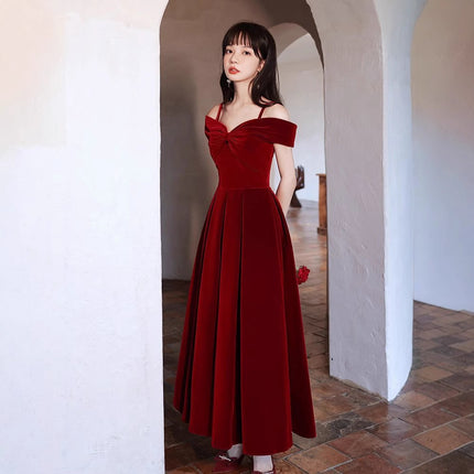 Sling off-shoulder engagement dress women's niche toast bride A- shaped wedding banquet back door dress