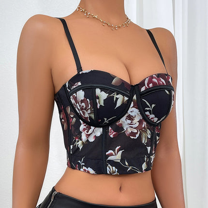 Cross-border New Sexy Spice Girl Stitching Flower Steel Ring Fishbone Vest Slim-fit Sling Chest Wrapping All-match Top for Women