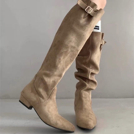 Petite Women's Pointed-Toe Platform Boots That Increase Height by 5cm, Over-The-Knee Thick High-Heeled Long Boots, Pleated Slim Boots, Denim Boots