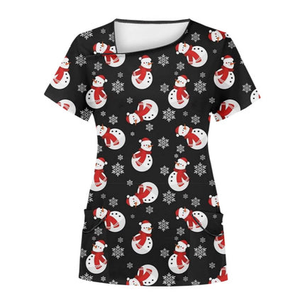 Cross-Border Aliexpress Amazon Women's Short-Sleeved Christmas Positioning Printed Flap Pocket Pants Top Scrub Clothes T-Shirt