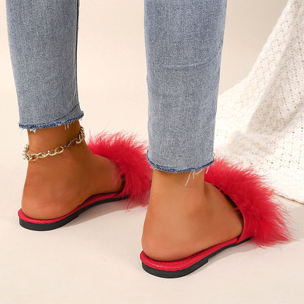Artificial PU material can be worn flat sandals and slippers women's logo round head red fluffy viscose shoes
