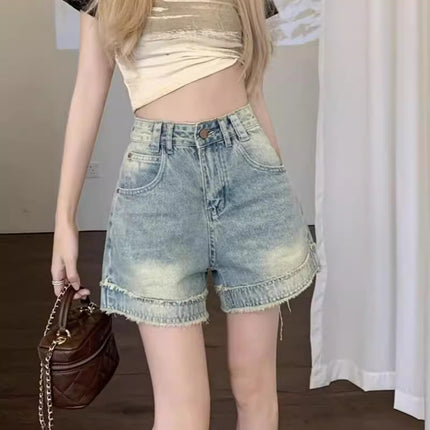 American Style High Street High Waist Fast Edge Denim Shorts 2024 Summer New Design Sense Loose Straight Wide Leg Hot Pants