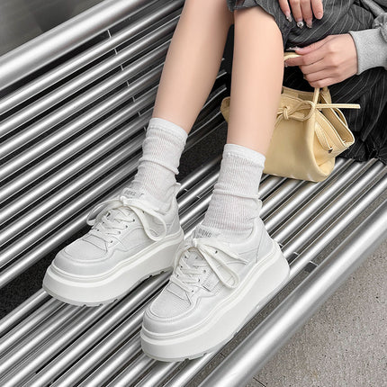 Mesh Sneakers for Women 2026 Summer New Casual Genuine Leather Thick-Soled Versatile Breathable Absorbent Sole White Shoes