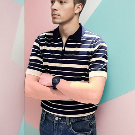 Summer Wear Light Mature Simple Fashion High-end Striped Polo Shirt Men's Young and Young Men's Slim-fit Half-zipper Led T-shirt Men's