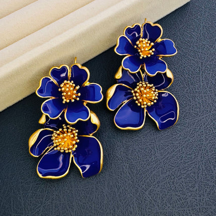 Oscar European and American Mid-Century Style Long Enamel Drip Glaze Flower Earrings for Women High-End Niche Design Ear Hooks