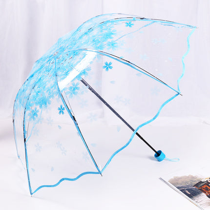 Fully Automatic Folding Plastic Transparent Cherry Blossom Umbrella for Women, Long Handle Apollo Style, Fresh and Simple, for Children, Students, Performances, Wholesale