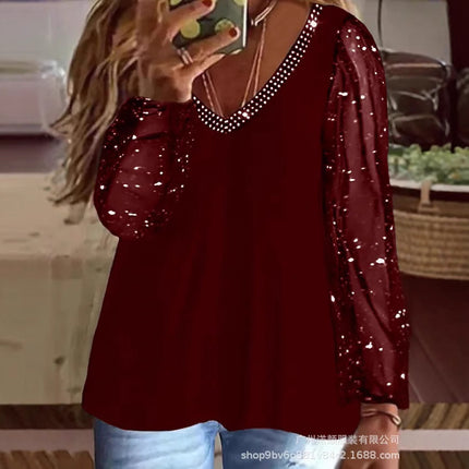 2025 Women's Tops Pure Sequin Tops Ruched Long Sleeve V Neck Casual Daily Vacation Polyester Autumn Mesh Sha
