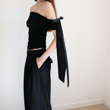 French-Style Romantic Cross-Border Popular Women's Solid Color Off-Shoulder Tie Strap Sweet and Sexy Date Short Top