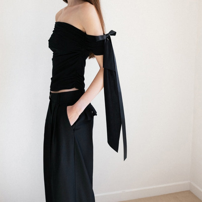 French-Style Romantic Cross-Border Popular Women's Solid Color Off-Shoulder Tie Strap Sweet and Sexy Date Short Top