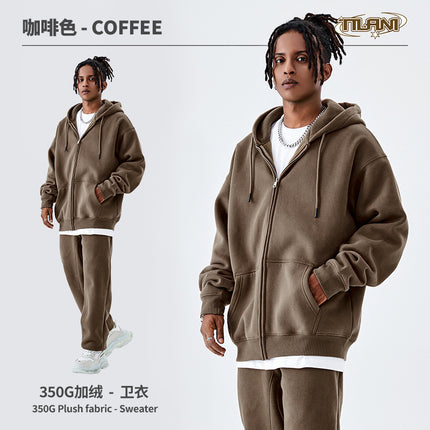 Tilani Cross-Border Men's Sweatshirt Velvet Jacket European and American 350g Autumn and Winter Zipper Hoodie Thick Pure Color Sweatshirt