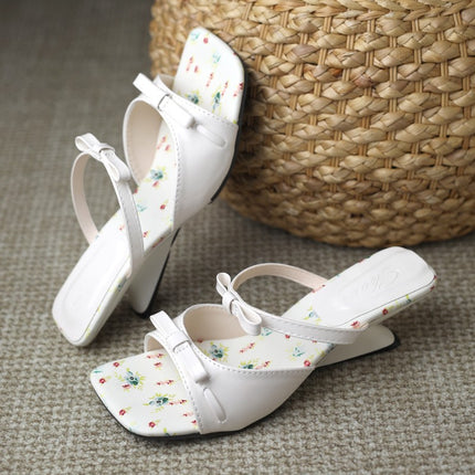 French Elegant Wedge-Heeled Slippers for Women, Square Toe, Open-Toe, Bow-Knot High-Heeled Sandals, 2025 Summer New Style