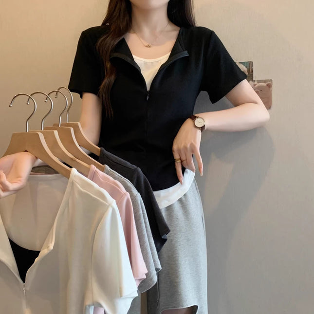 French Style Lace Stitching Design Sense Fake Two-piece Short Waist Tops Women's Summer Small Gray Short-sleeved T-shirt