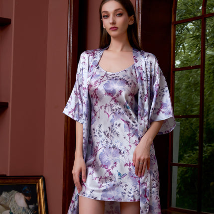 Cross-border printed nightgown suit women summer sexy ice silk middle sleeve plus size bathrobe silk bridal morning gown manufacturers wholesale