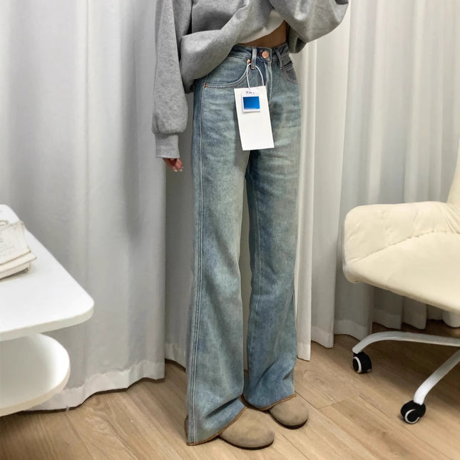 light blue Not Sticking Leg Micro-Lar Jeans Women's 2024 New plus size chubby girl High Waist Loose Slimming Trumpet Pants