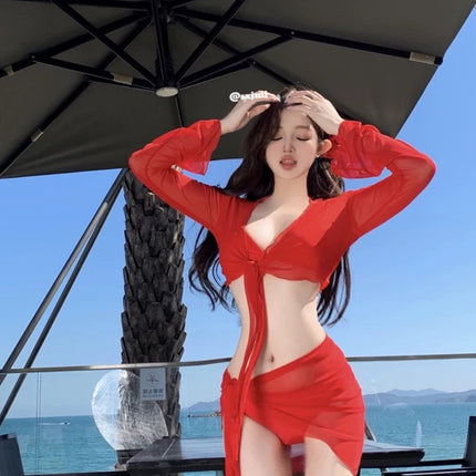 Dopamine Style Sexy Cyber Celebrator Split Bikini Four-piece Swimsuit Women's Small Chest Long Sleeve Vacation Hot Spring Swimsuit Batch