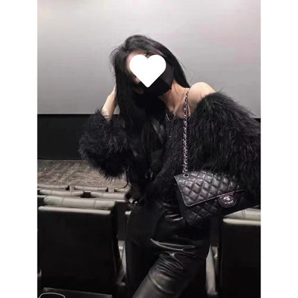 Korean Style New Slim Fit Versatile High-Waisted Sweater for Women, Short Fashion Light Luxury Socialite Long-Sleeve Off-Shoulder Fur Top